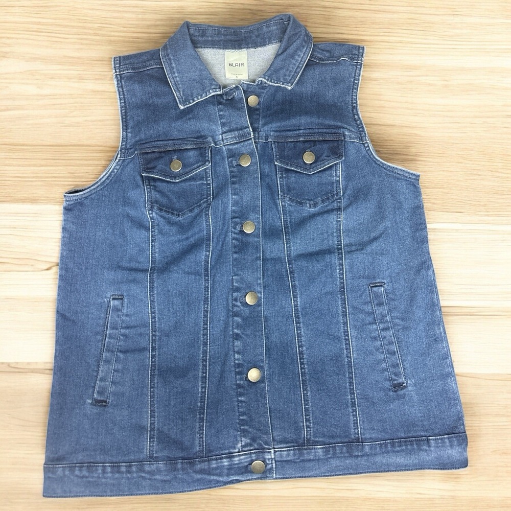 Blair Jean Vest Adult Small Blue Denim Sleeveless Pockets Womens